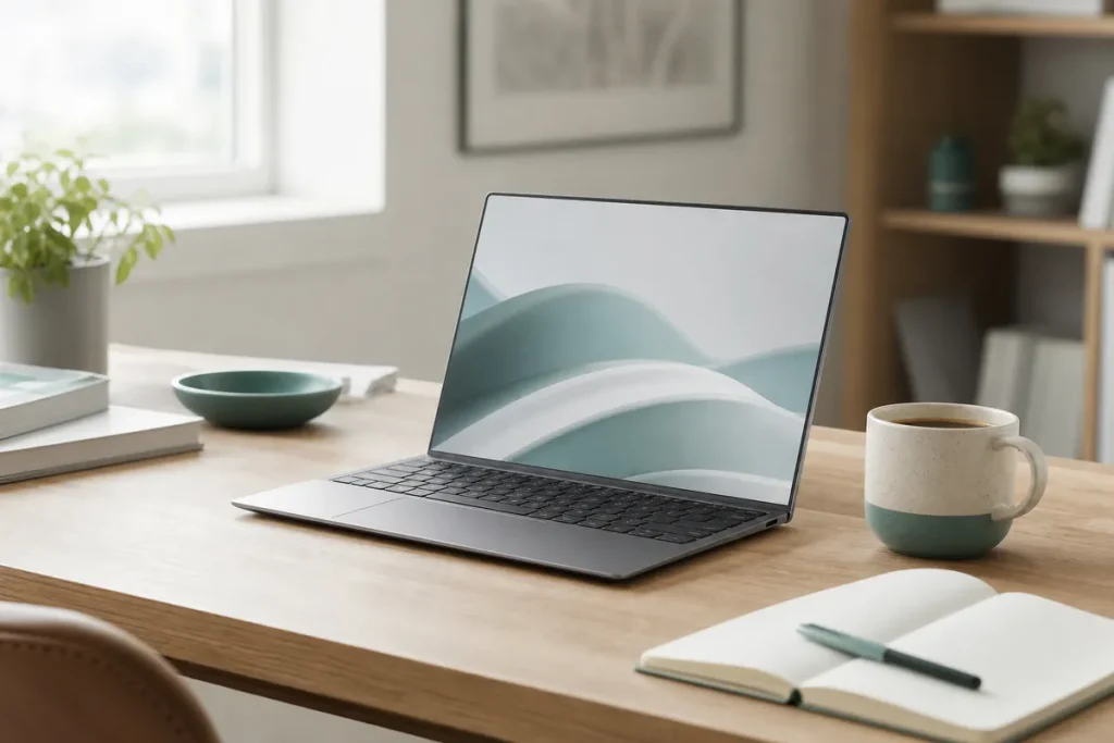 Tunn bärbar dator på ett ljust skrivbord bredvid anteckningsblock och kaffekopp