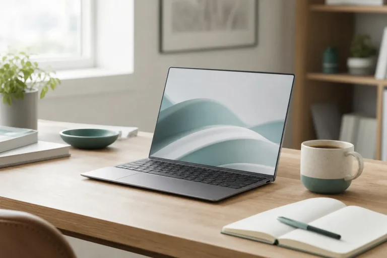 Tunn bärbar dator på ett ljust skrivbord bredvid anteckningsblock och kaffekopp