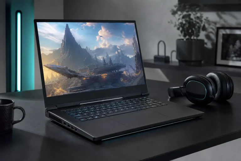 Gaminglaptop med spelgrafik på skärmen och belyst tangentbord på ett mörkt skrivbord