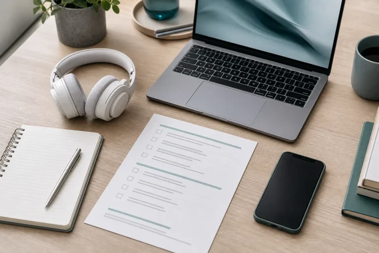 Arbetsbord fotograferat uppifrån med laptop, hörlurar, mobil och en utskriven checklista