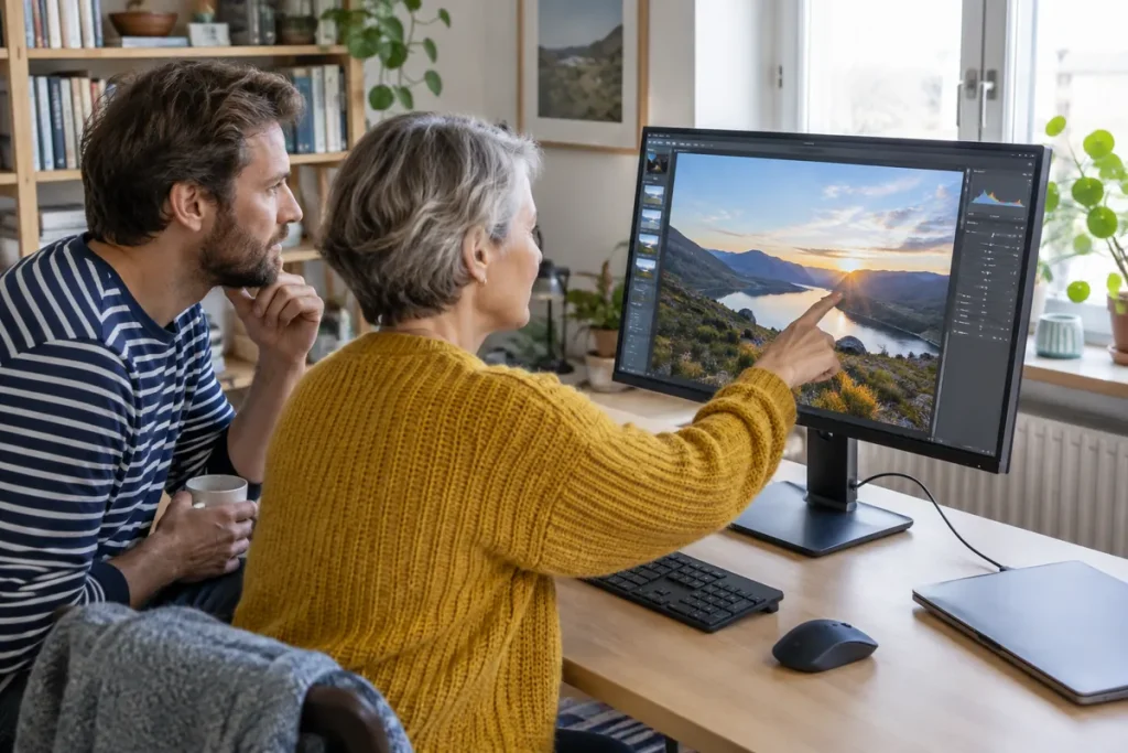 Två personer sitter vid en datorskärm i ett hemmakontor och granskar ett foto i ett bildredigeringsprogram