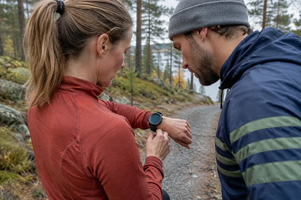 Två löpare stannar på en skogsstig och tittar på kartan i en GPS-klocka