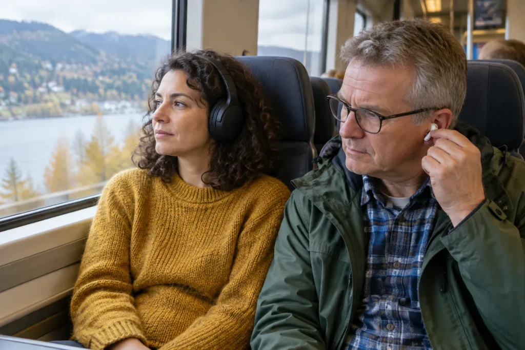 Två pendlare på ett tåg, den ena med trådlösa over-ear-hörlurar och den andra som sätter i en in-ear-hörlur