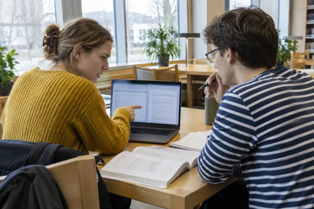 Två studenter i ett bibliotek arbetar tillsammans vid en bärbar dator med kalkylark och dokument på skärmen
