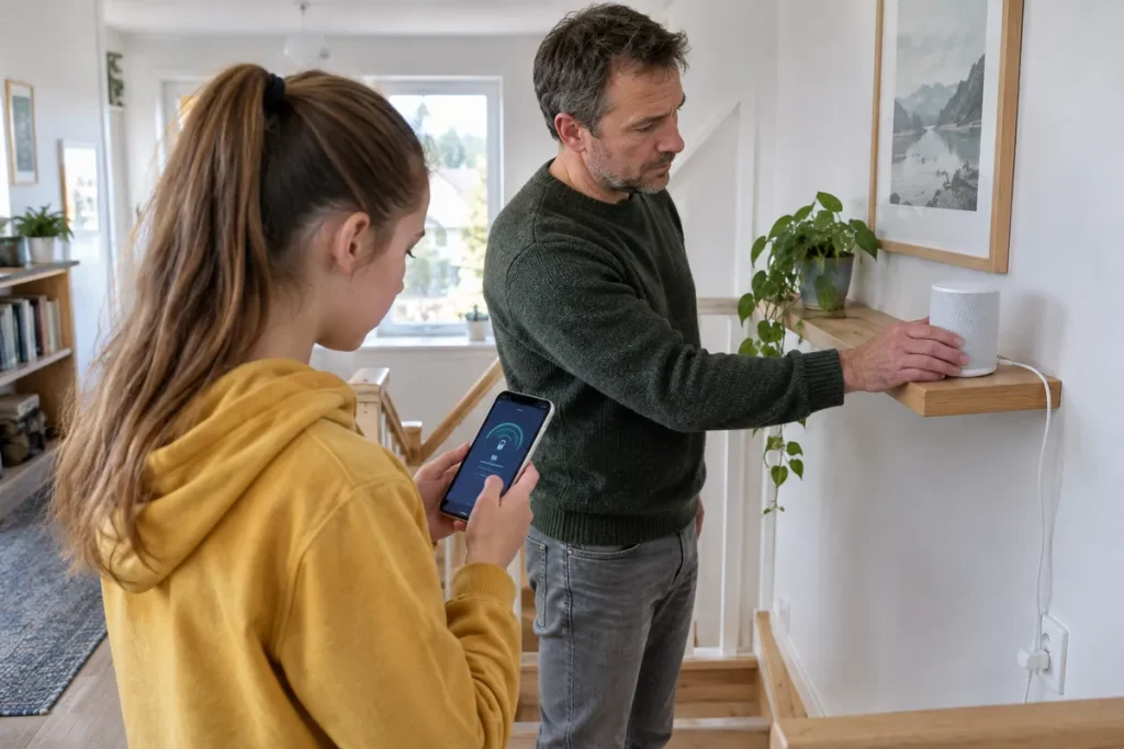 Pappa placerar en mesh-enhet i trappan medan dottern kontrollerar wifisignalen i mobilen