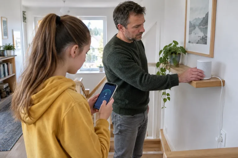 Pappa placerar en mesh-enhet i trappan medan dottern kontrollerar wifisignalen i mobilen