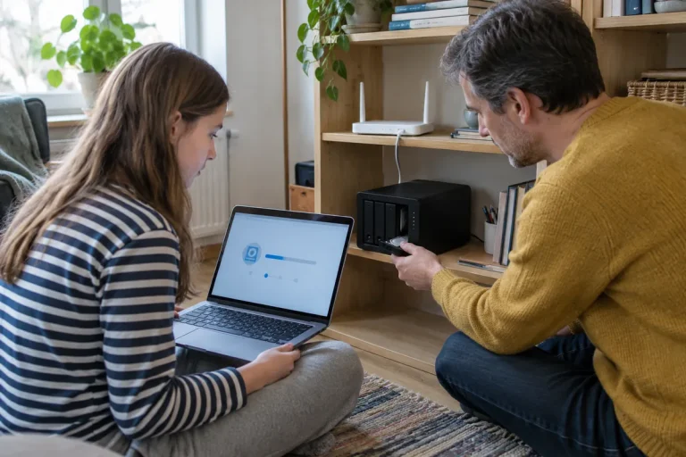 Pappa sätter i en hårddisk i en NAS medan dottern följer installationen på en laptop