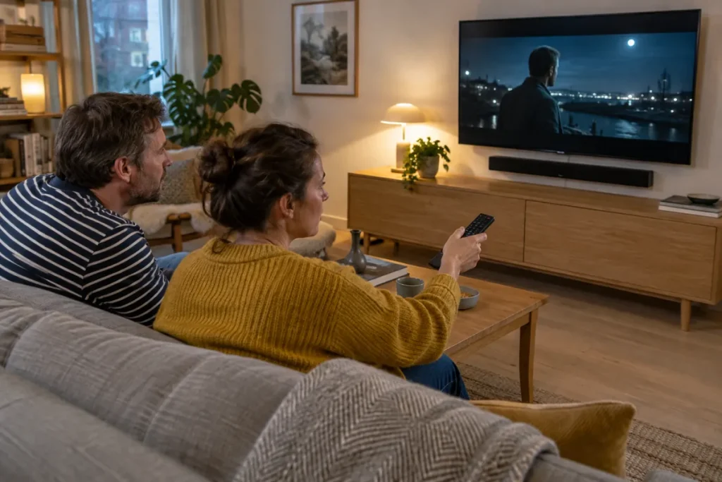 Par i soffan tittar på film med en soundbar monterad under tv:n