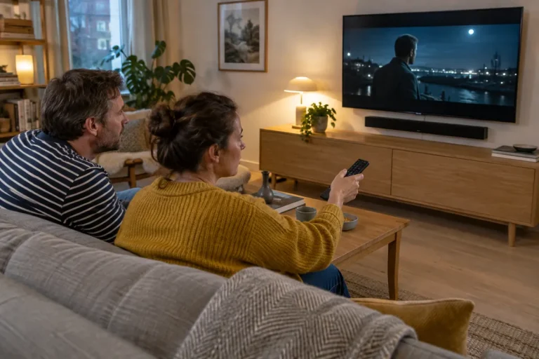 Par i soffan tittar på film med en soundbar monterad under tv:n