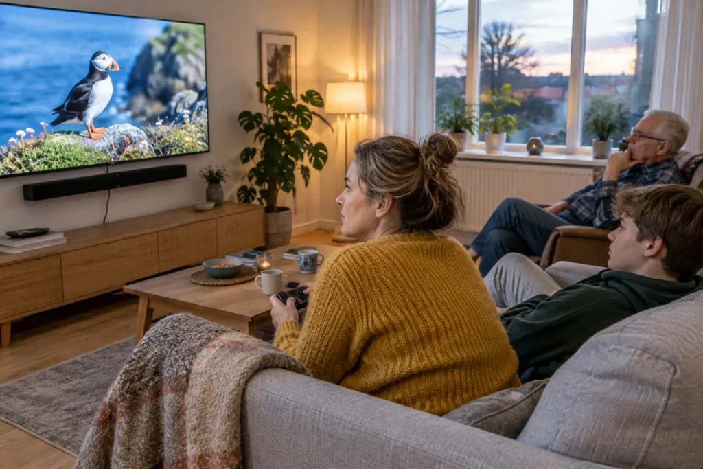 Familj i soffan tittar på en väggmonterad platt-tv med soundbar i ett skandinaviskt vardagsrum