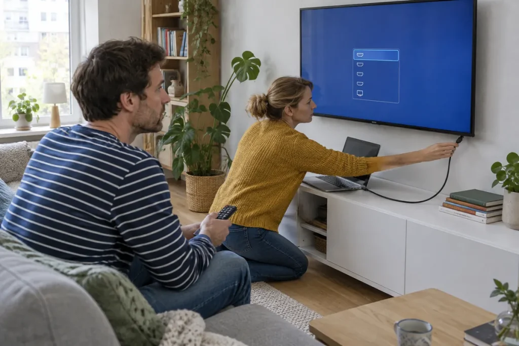 Två personer kopplar en bärbar dator till tv:n med HDMI-kabel och väljer ingång med fjärrkontrollen