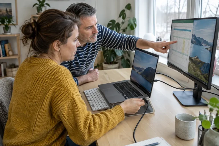 Två personer kopplar en extern skärm till en laptop med USB-C-kabel vid ett skrivbord hemma