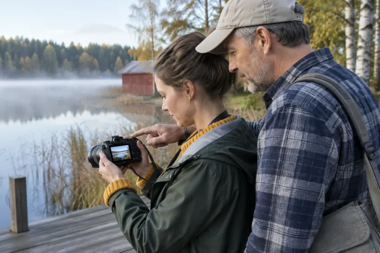Två personer på en brygga tittar på skärmen på en liten systemkamera efter att ha fotograferat sjön